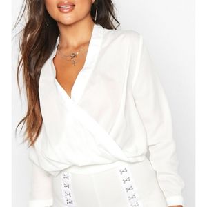 Petite draped long sleeve blouse